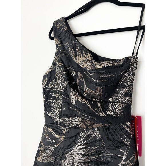 Carmen Marc Valvo Formal One Shoulder Gown Dress Black Gold Brocade NEW Sz 2 - Picture 4 of 13